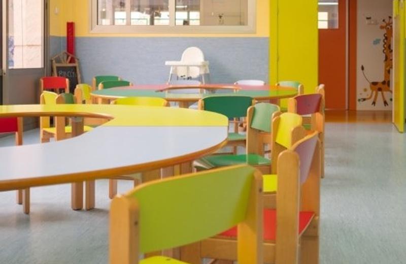 A preschool room with colourful tables and yellow chairs