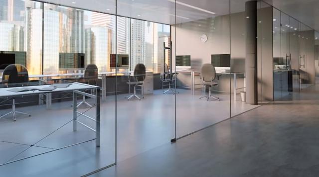 Also available as part of a cleaning package Glass-walled meeting rooms in a modern office, cleaned and ready for the day