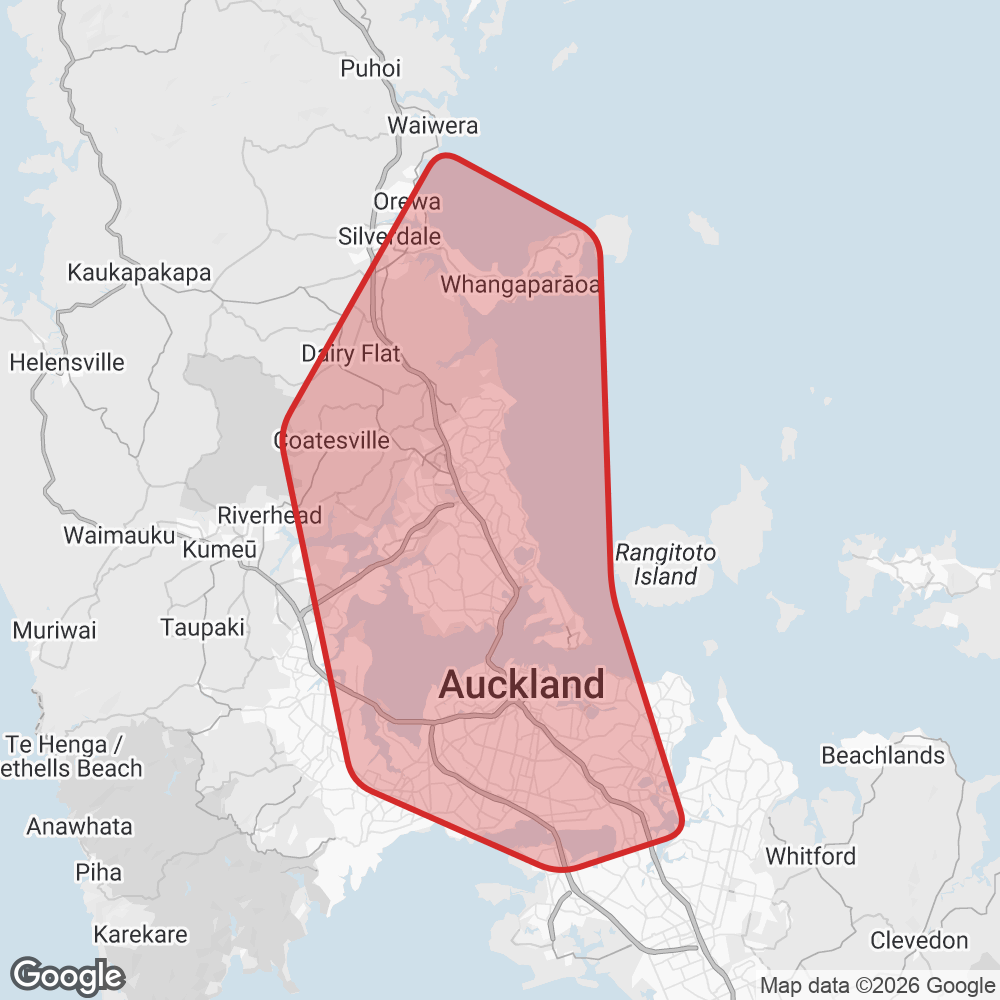 Map of Auckland with the service area highlighted, from Orewa down to Mt Wellington